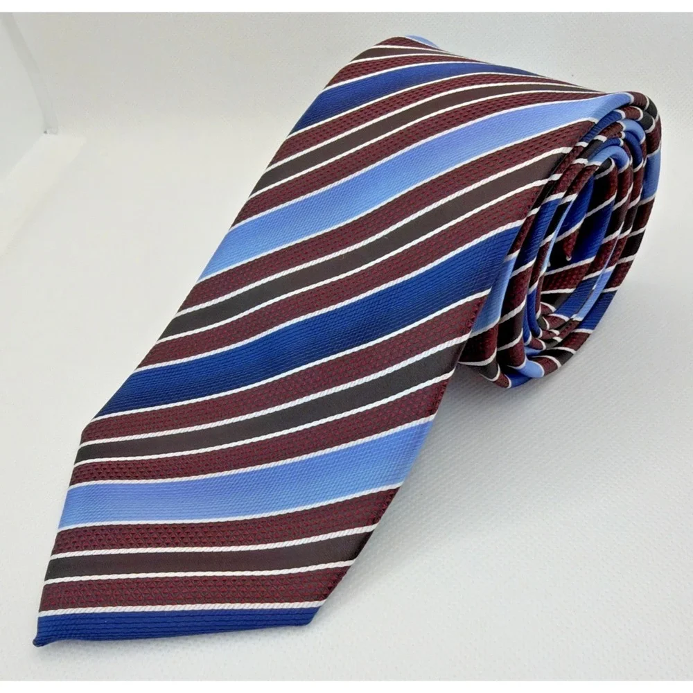Pravata Men's Striped Necktie 100% Microfiber Handmade Blue Maroon 3.25x58 EXC
